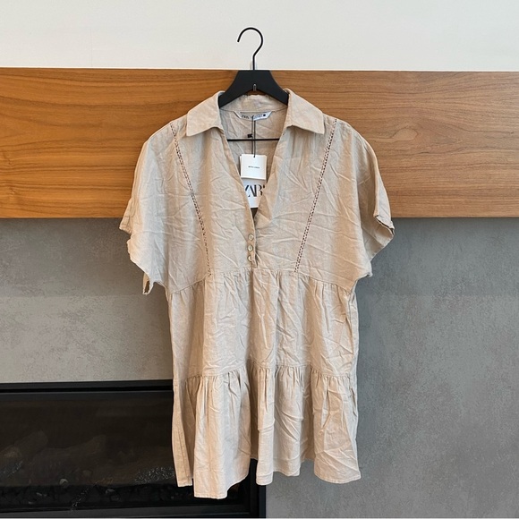 ZARA LACE TRIM LINEN BLEND MINI DRESS, SIZE S - Picture 6 of 12